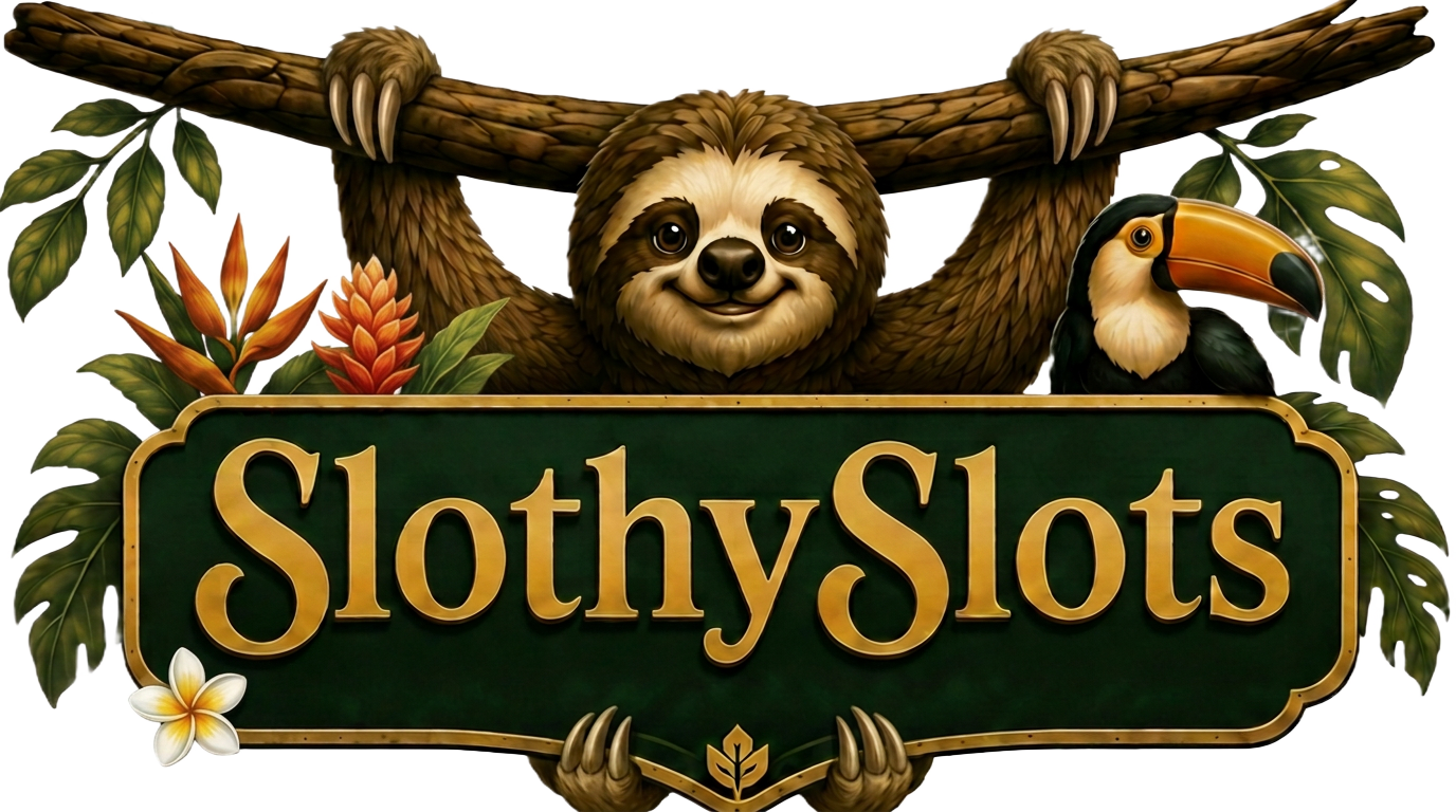 SlothySlots — a sloth hanging from a jungle branch beside the SlothySlots wordmark