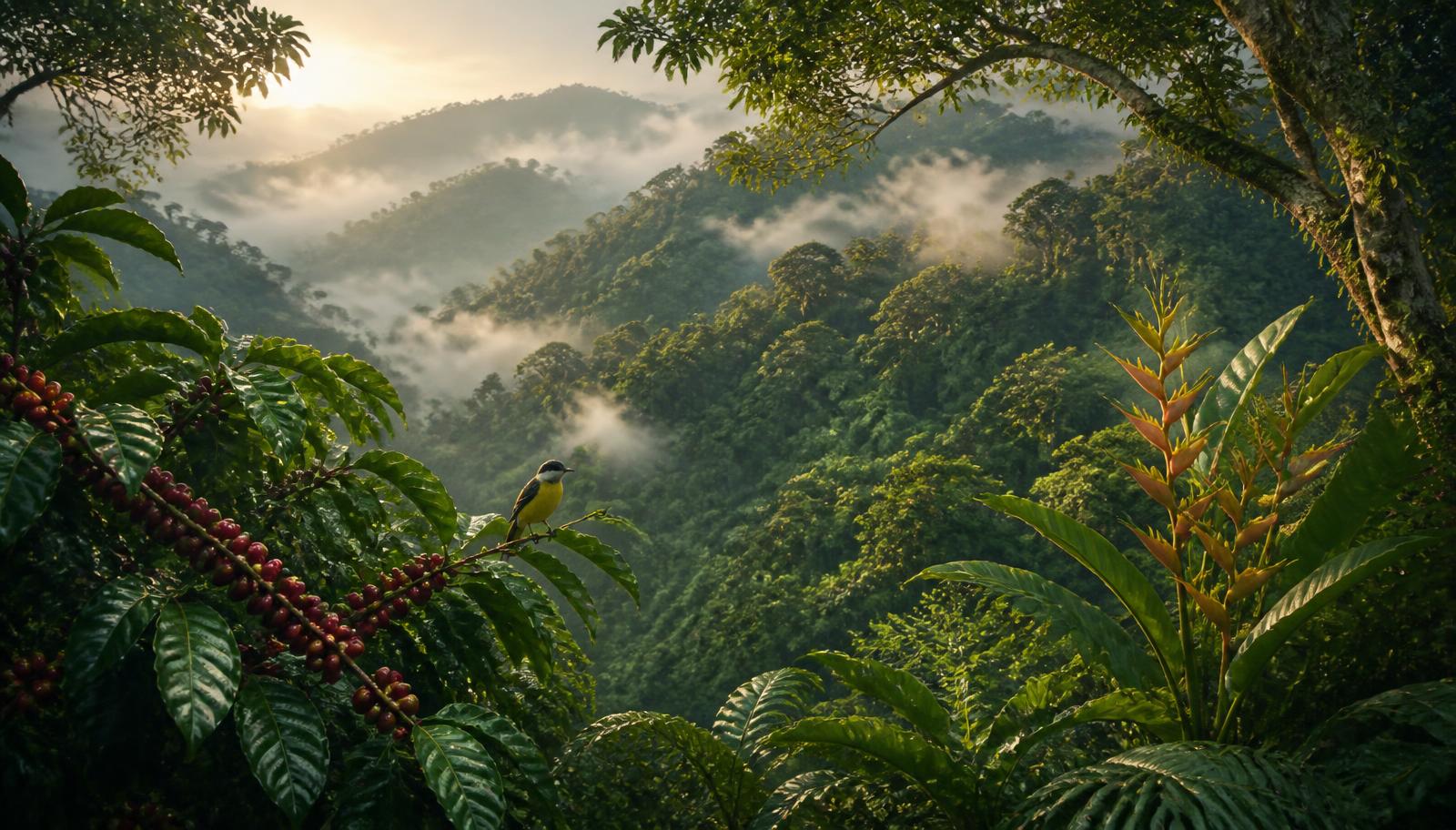 Costa Rican cloud forest morning with coffee plants, mist and soft natural light