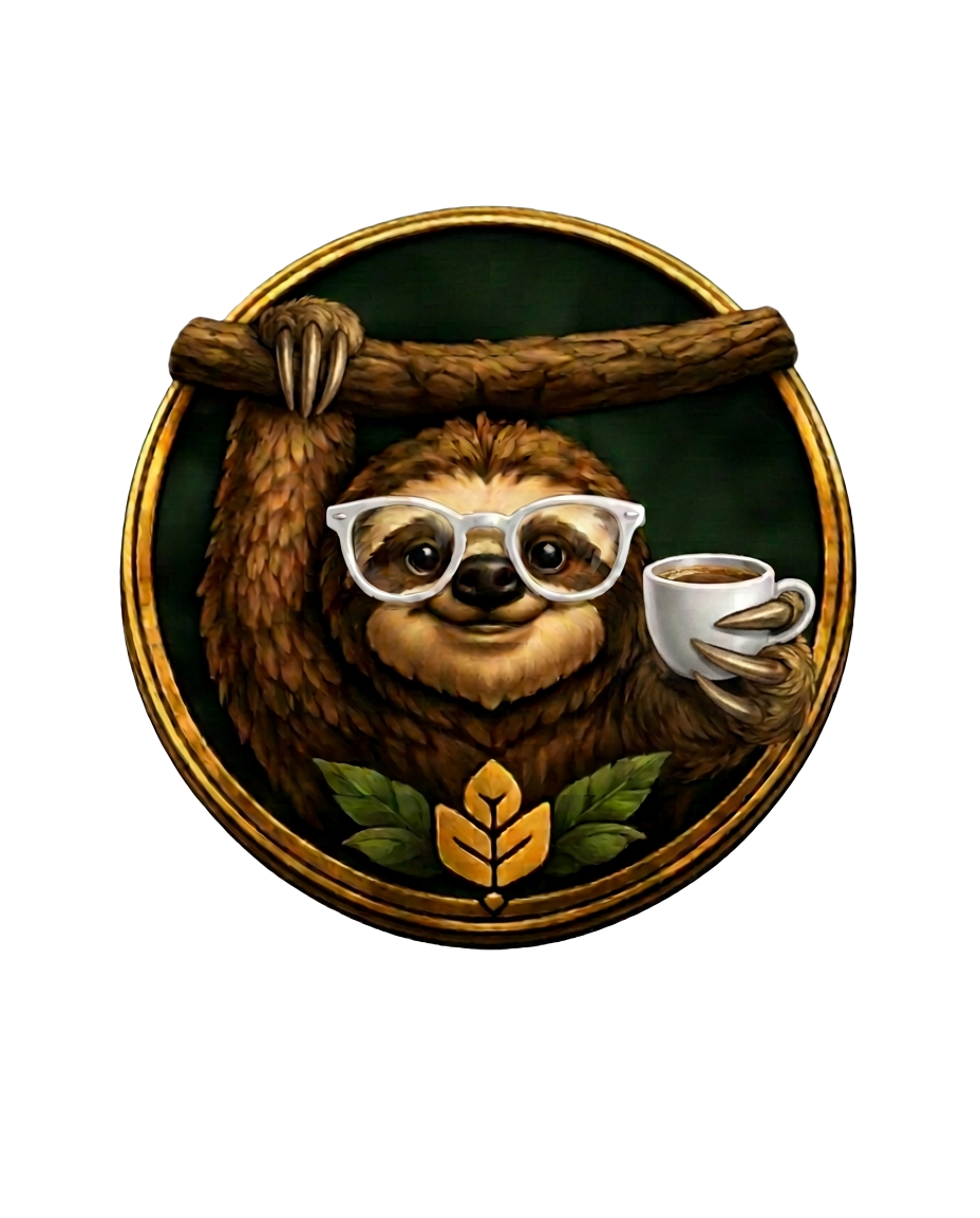 The SlothySlots sloth mascot wearing reading glasses while hanging from a branch